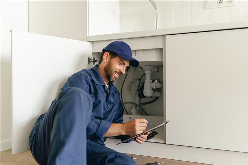 Residential plumber reviewing plumbing repairs in a Palm Coast kitchen